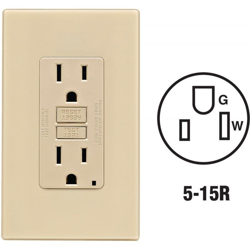 Leviton SmartLockPro Self-Test GFCI Outlet With Screwless Wall Plate Ivory, 15