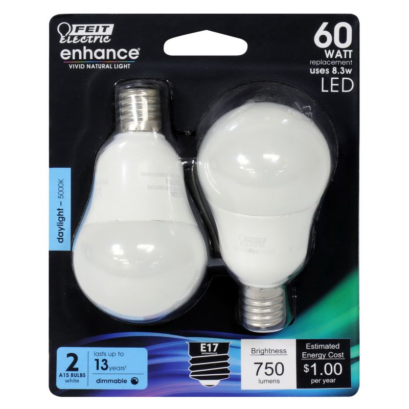 Feit Electric BPA1560N/950CA/2 LED Bulb, General Purpose, A15 Lamp, 60 W Equivalent, E17 Lamp Base, Dimmable, White