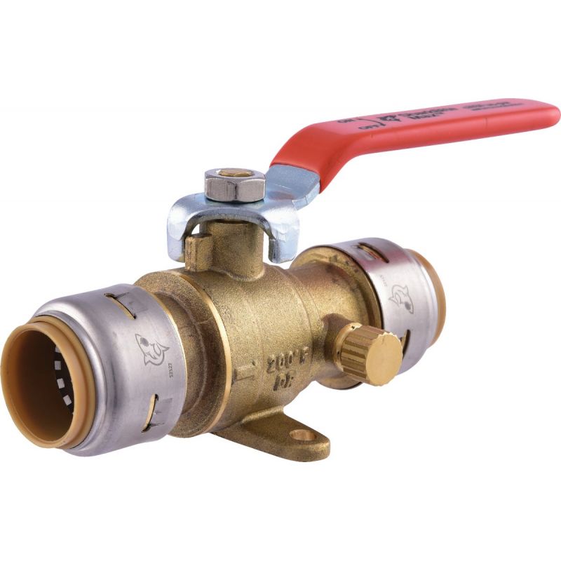 SharkBite Brass Push-Fit Ball Valve with Drain &amp; Mounting Tab 3/4 In. X 3/4 In. X 1/8 In.