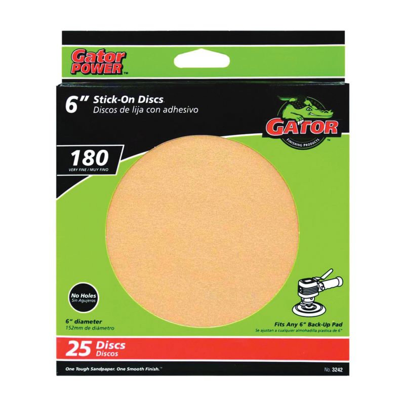 Gator 3242 Sanding Disc, 6 in Dia, Coated, 180 Grit, Very Fine, Aluminum Oxide Abrasive, Paper Backing Gold