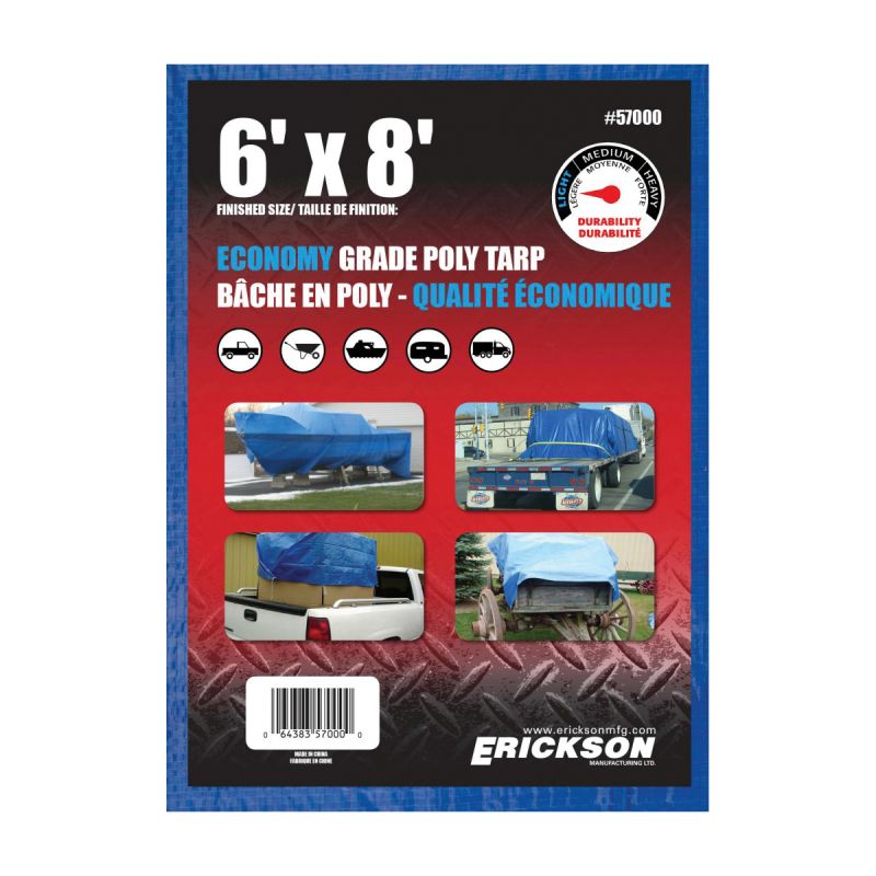 Erickson 57000 All-Purpose Tarp, 8 ft L, 6 ft W, Poly, Blue Blue