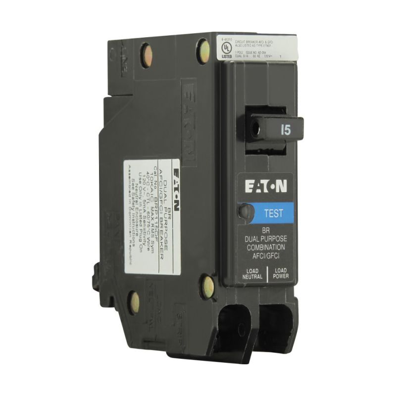 Eaton BRP115DF Circuit Breaker, AFCI, BR, GFCI, 15 A, 1-Pole, 120 VAC, Plug