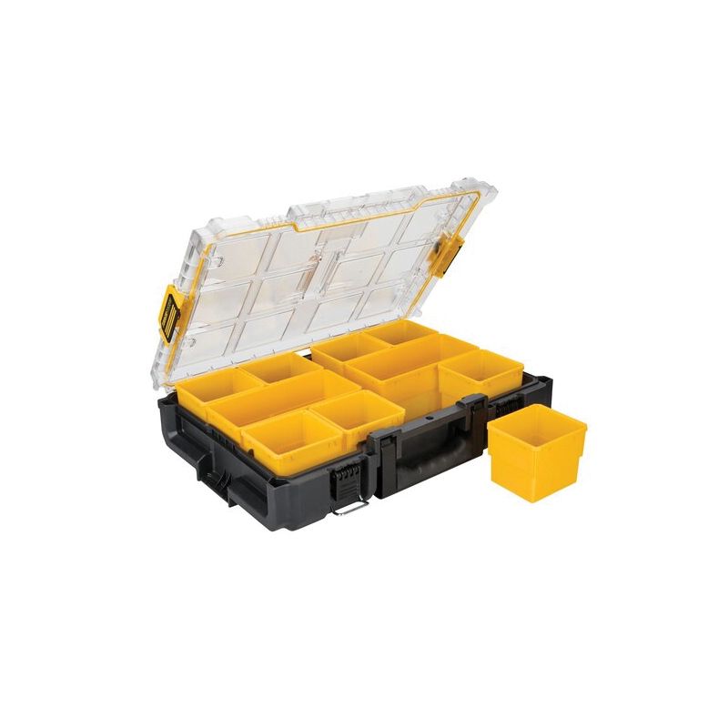 DeWALT ToughSystem 2.0 DWST08040 Full-Size Organizer, 44 lb Capacity, 21 in L, 14-5/8 in W, 5-1/8 in H, 10-Compartment 44 Lb, Black/Transparent/Yellow
