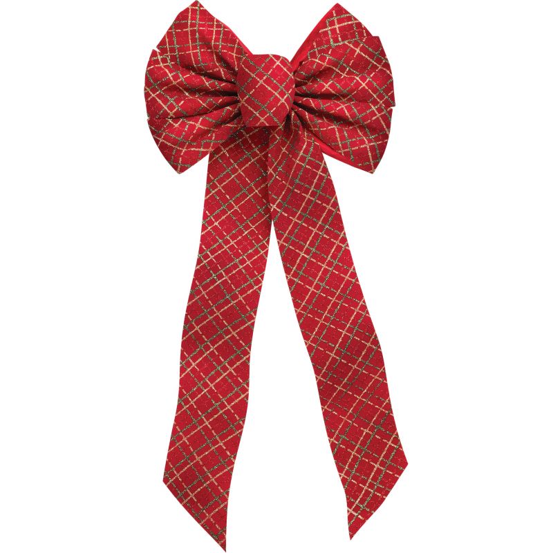 Holiday Trims 7-Loop Velvet Christmas Bow Red With Red, Green &amp; Gold Glitter (Pack of 24)