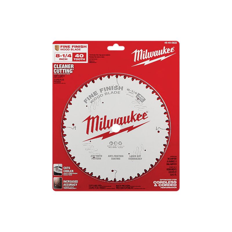 Milwaukee 48-40-0822 Circular Saw Blade, 8-1/4 in Dia, 5/8 in Arbor, 40-Teeth, Carbide Cutting Edge