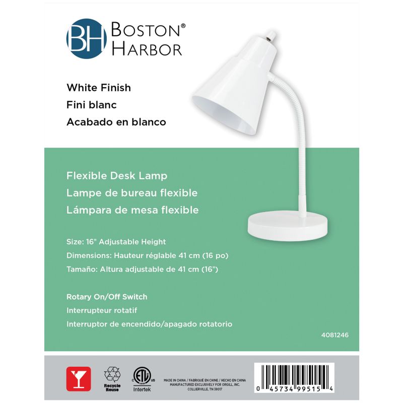 Boston Harbor TL-TB-170-WH-3L Flexible Desk Lamp, 120 V, 60 W, 1-Lamp, CFL Lamp, White Fixture, White White