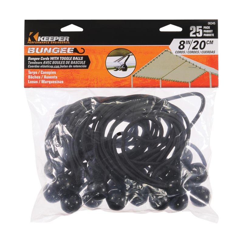 Keeper 06345 Bungee Cord, 8 in L, Rubber, Black, Toggle Ball End Black