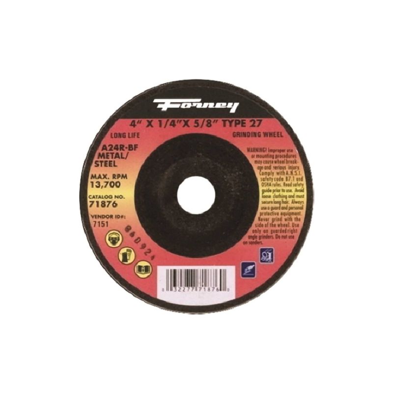 Forney 71876 Grinding Wheel, 4 in Dia, 1/4 in Thick, 5/8 in Arbor, 24 Grit, Coarse, Aluminum Oxide Abrasive