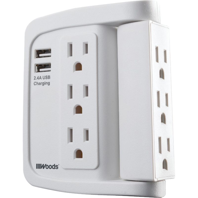 Woods 2-USB/6-Outlet Swivel Surge Tap White, 2.4A/15A