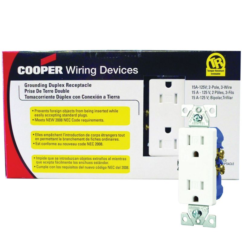 Eaton Wiring Devices TR1107W10 Duplex Receptacle, 2 -Pole, 15 A, 125 V, Push-in, Side Wiring, NEMA: 5-15R, White White
