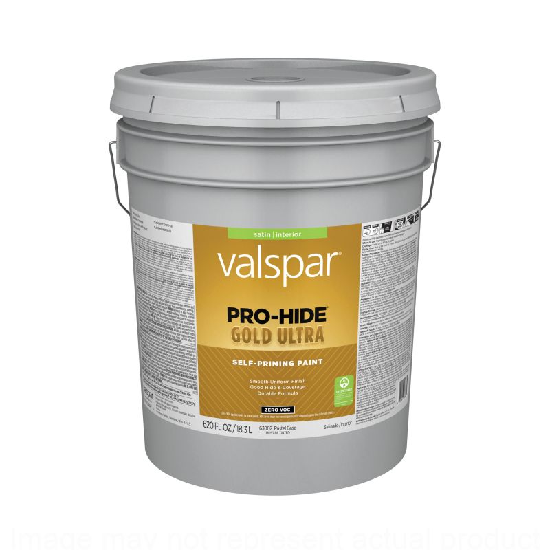 Valspar Pro-Hide Gold Ultra 6300 08 Latex Paint, Acrylic Base, Satin, Pastel Base, 5 gal Pastel Base