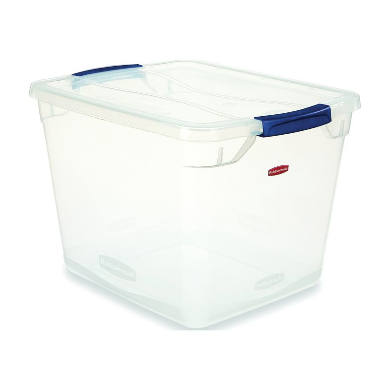 Rubbermaid Clever Store RMCC300014 Storage Container, Plastic, Clear Blue, 18.75 in L, 13.375 in W, 10.5 in H 30 Qt, Clear Blue