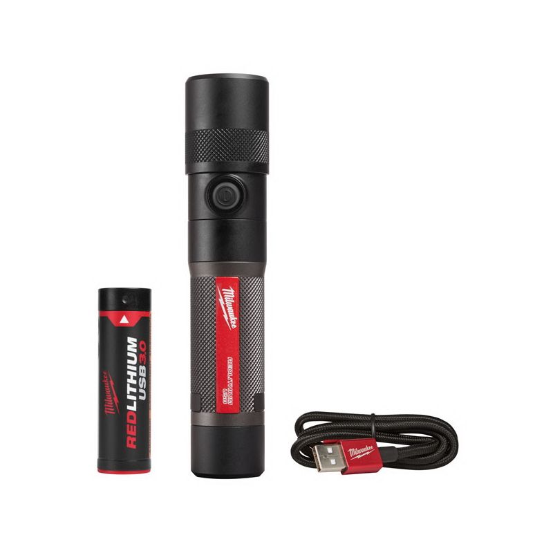 Milwaukee 2160-21 USB Rechargeable Compact Flashlight, 3 Ah, Lithium-Ion Battery, LED Lamp, Bulls Eye/Flood/Spot Beam Black