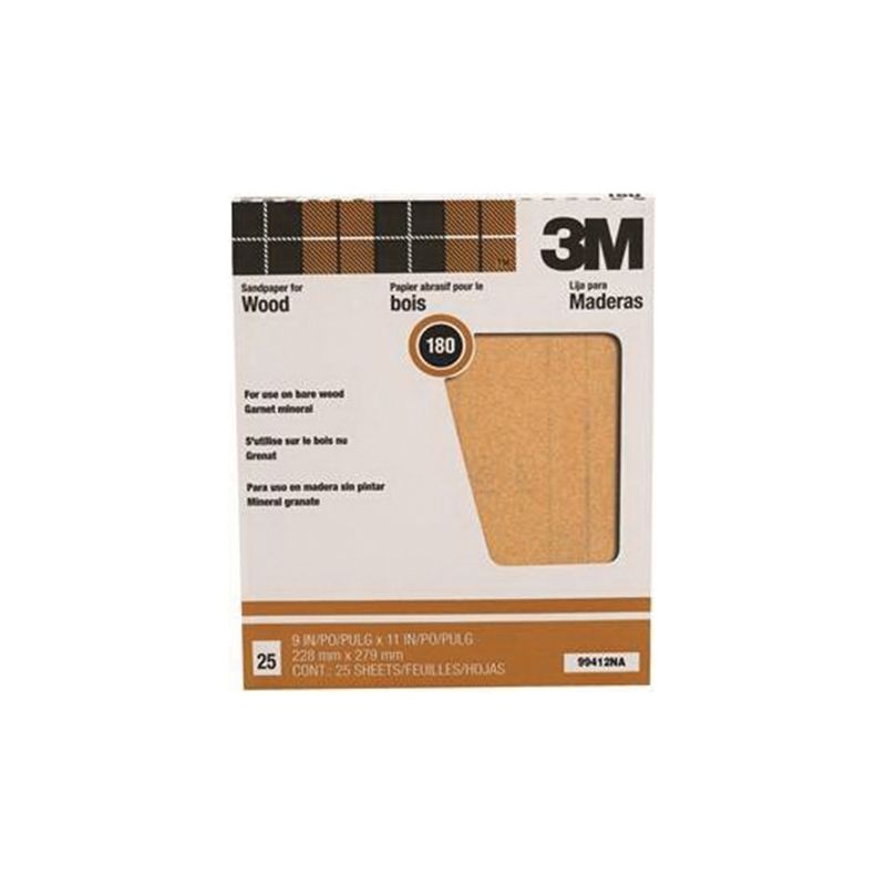 3M 99412NA Sandpaper, 11 in L, 9 in W, Fine, 180 Grit, Garnet Abrasive, Paper Backing Brown