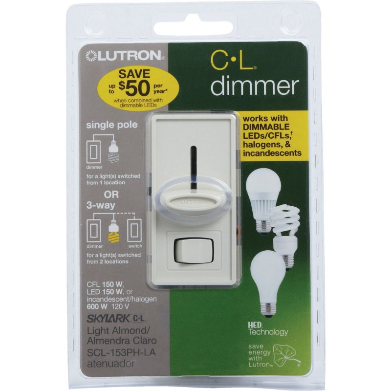 Lutron Skylark LED/CFL Slide Dimmer Switch Light Almond