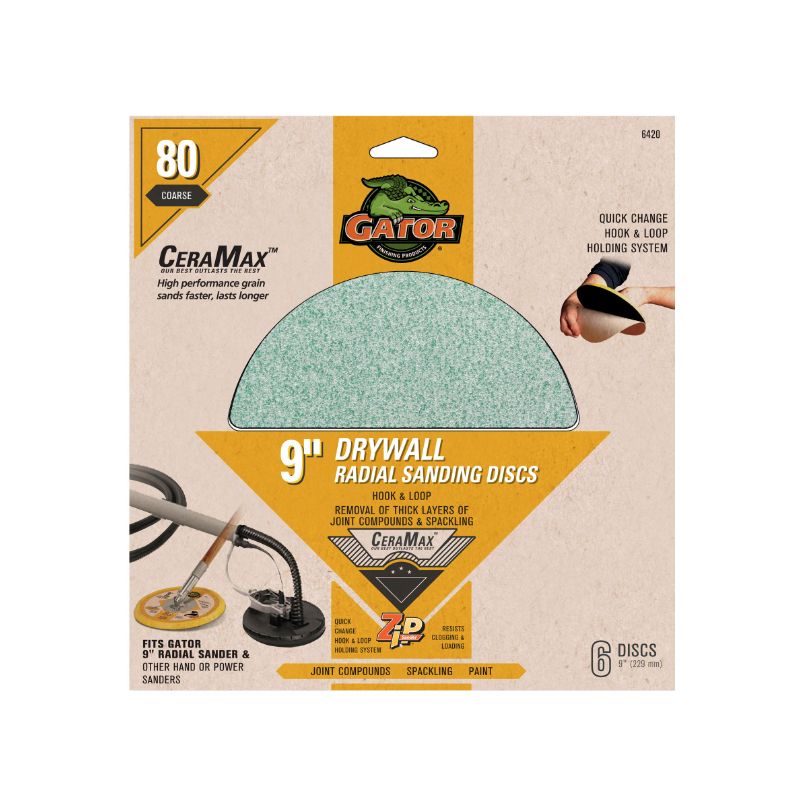 Gator 6459GA Radial Sander, 9 in L, 9 in W, Coarse, Medium, Ceramic Abrasive