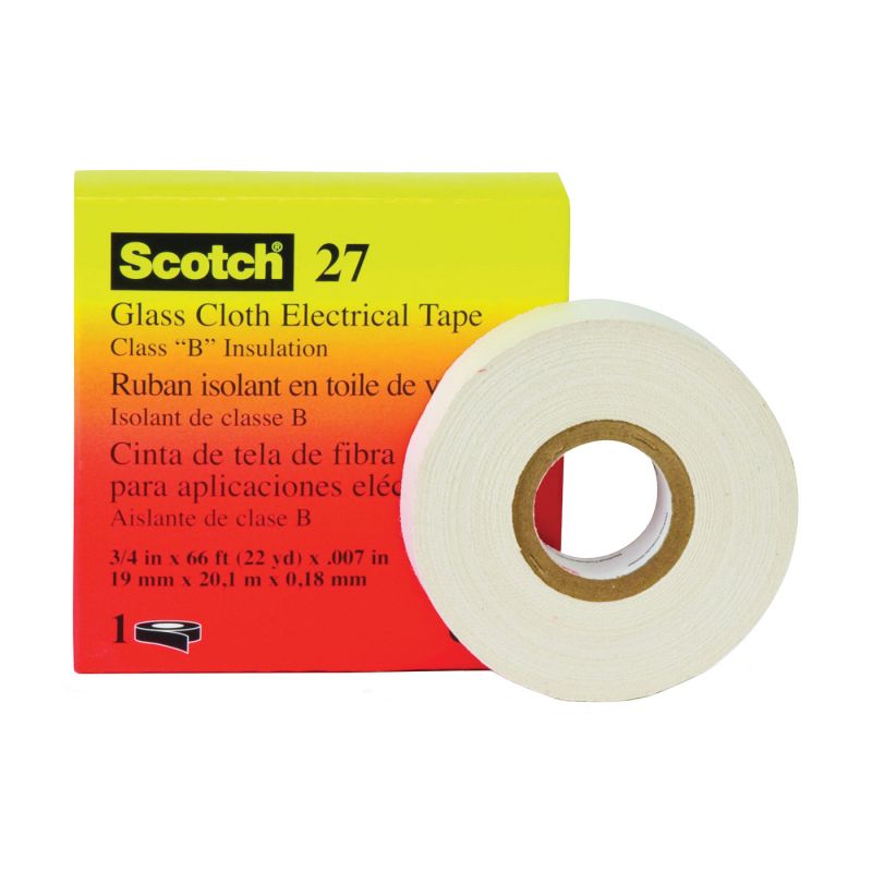 Scotch 27 Electrical Tape, 66 ft L, 1/2 in W, Cloth Backing, White White