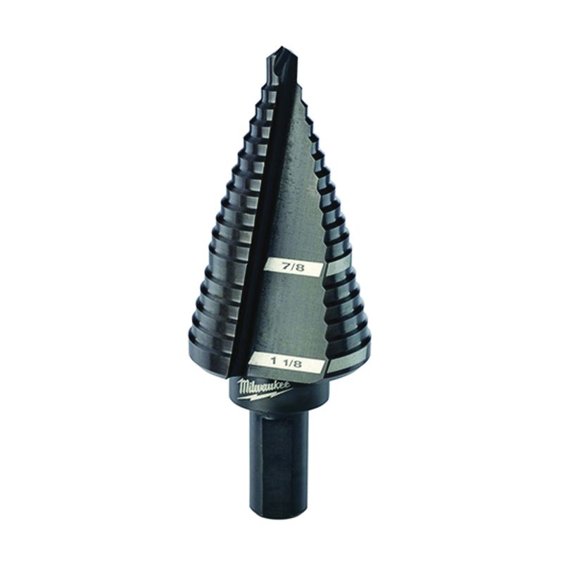 Milwaukee 48-89-9209 Step Drill Bit, 7/8 to 1-1/8 in Dia, 2-61/64 in OAL, 2-Flute, 3/8 in Dia Shank, Flat Shank