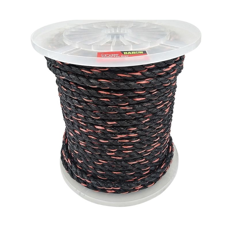 BARON 54613 Rope, 1/2 in Dia, 200 ft L, 420 lb Working Load, Polypropylene, Black/Orange Black/Orange