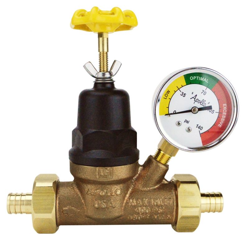 Apollo APXPRV34WG Pressure Reducing Valve with Gauge, 3/4 in Connection, PEX Barb, 15 to 75 psi Regulating, 27 gpm