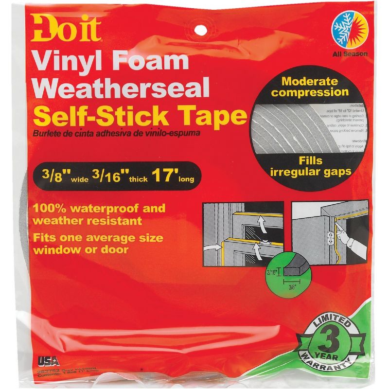 Do it PVC Closed Cell Vinyl Foam Weatherstrip Self-Adhesive Tape 3/8&quot; W X 3/16&quot; T X 17&#039; L, Gray