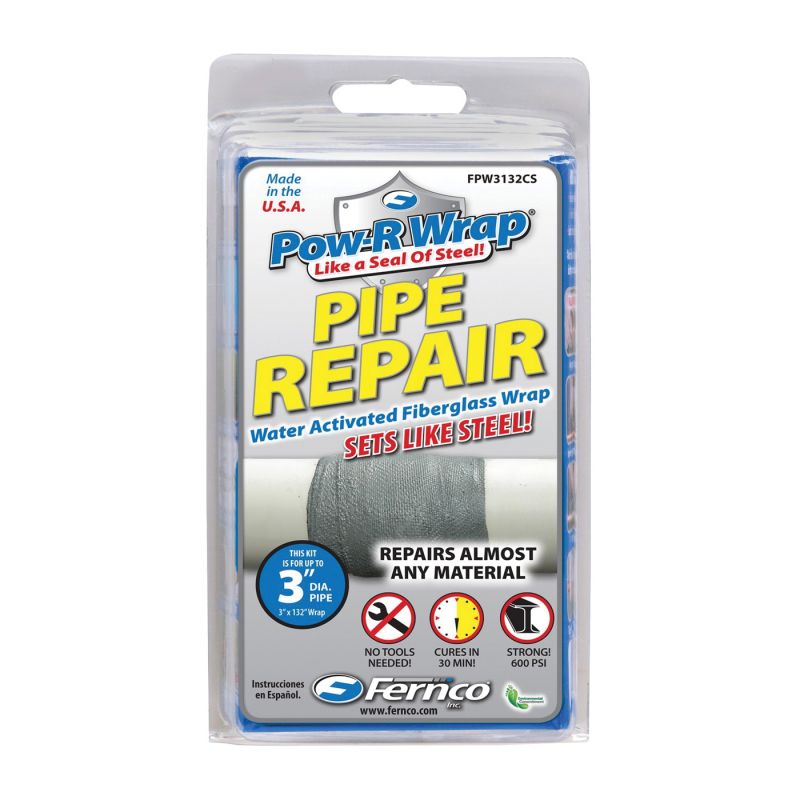 Pow-R Wrap FPW3132CS Pipe Wrap Repair Kit, 132 in L, 3 in W, Epoxy/Fiberglass, Gray Gray
