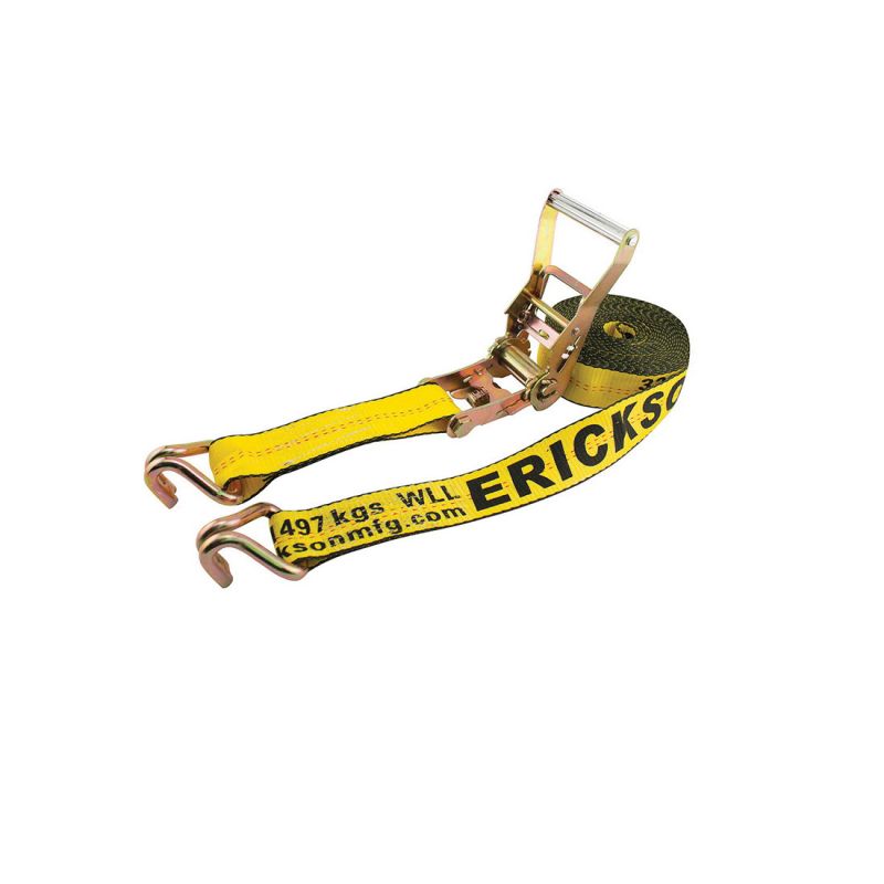 Erickson 68627 Heavy-Duty Strap, 2 in W, 27 ft L, Polyester, Yellow, 3300 lb Working Load, Double J-Hook End Yellow