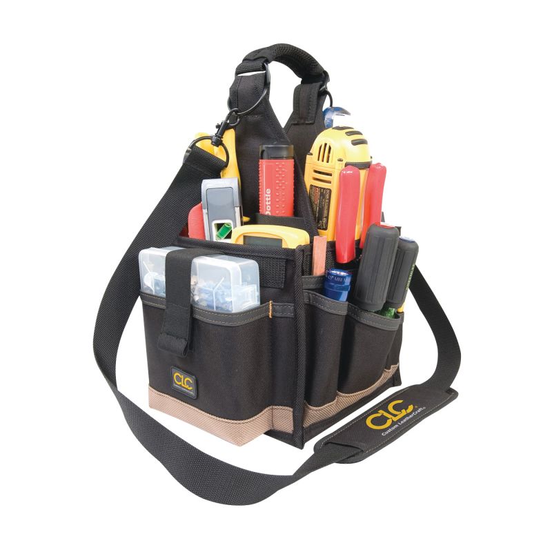 CLC Tool Works Series 1526 Electrical and Maintenance Tool Carrier, 8 in W, 16 in D, 8 in H, 25-Pocket, Polyester Black/Tan