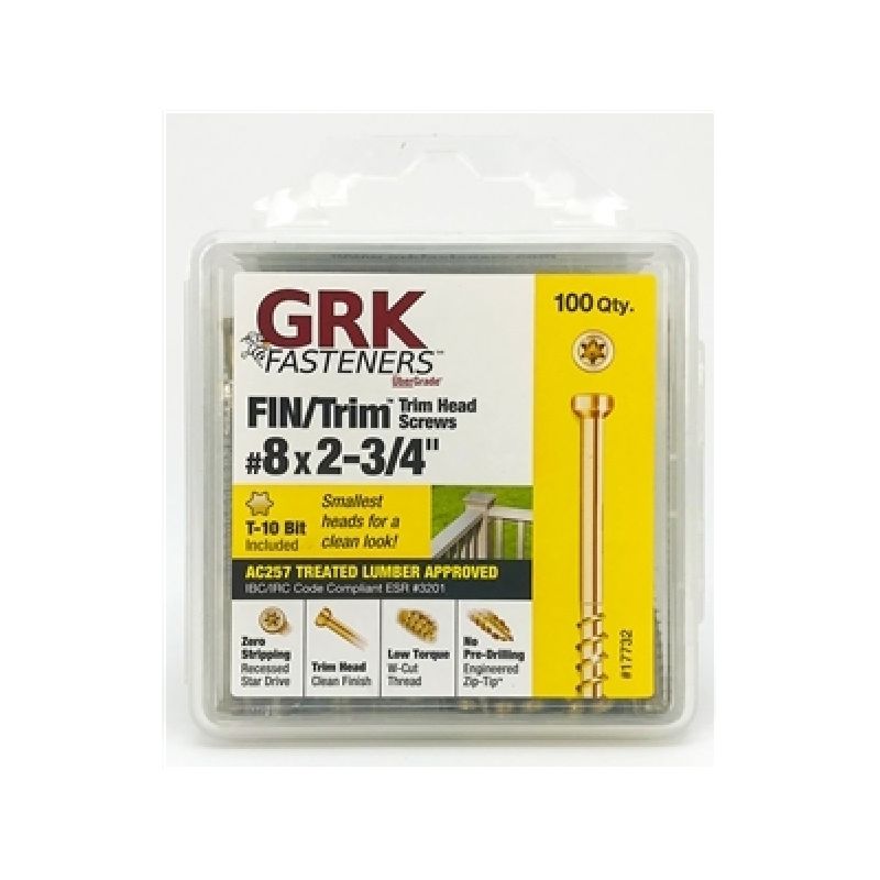 GRK Fasteners FIN/Trim 17732 Screw, #8 Thread, 2-3/4 in L, Coarse Thread, Trim Head, Star Drive, Steel, Climatek, 100 PK Gold