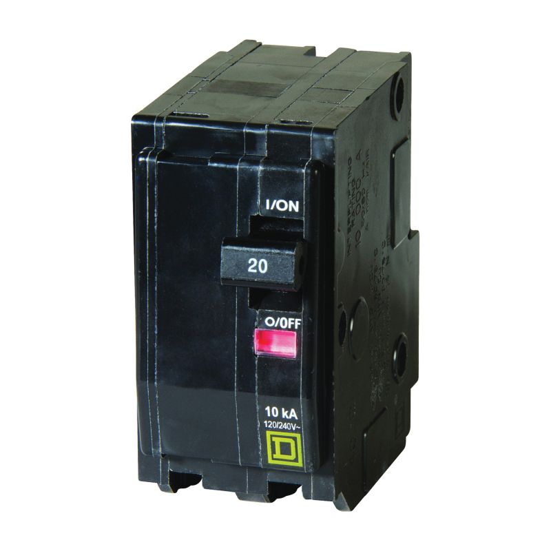 Square D QO QO220C Circuit Breaker, Mini, 20 A, 2 -Pole, 120/240 VAC, 48 VDC, Plug Mounting, Black Black