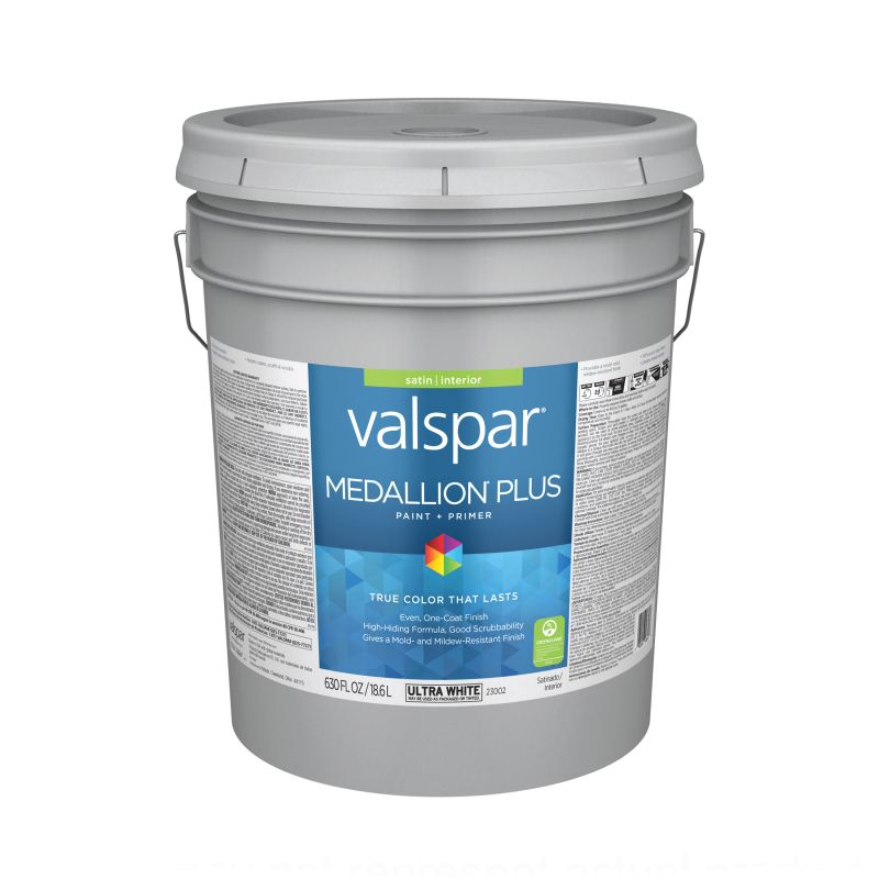 Valspar Medallion Plus 2300 08 Latex Paint, Acrylic Base, Satin Sheen, Ultra White Base, 5 gal Ultra White Base