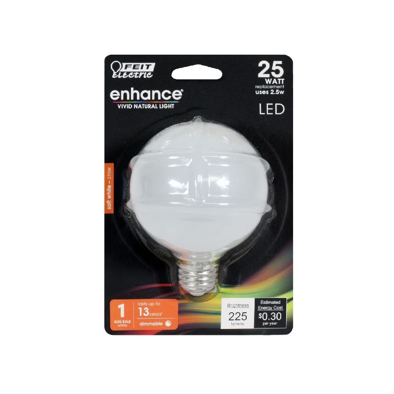 Feit Electric BPG2525W/927CA/FIL LED Bulb, Globe, G25 Lamp, 25 W Equivalent, E26 Lamp Base, Dimmable, Soft White Light