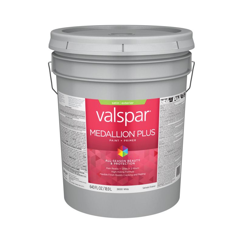Valspar Medallion Plus 2600 08 Latex Paint, Acrylic Base, Satin Sheen, White Base, 5 gal, Plastic Pail White Base