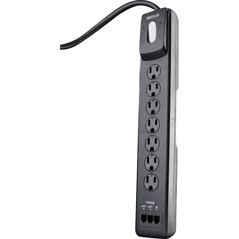Woods 7-Outlet Resettable Surge Protector Strip Black, 15A