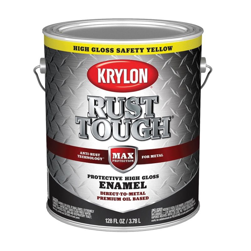 Krylon Rust Tough K09736008 Rust Preventative Paint, Gloss, Safety Yellow/Sun, 1 gal, 400 sq-ft/gal Coverage Area Safety Yellow/Sun