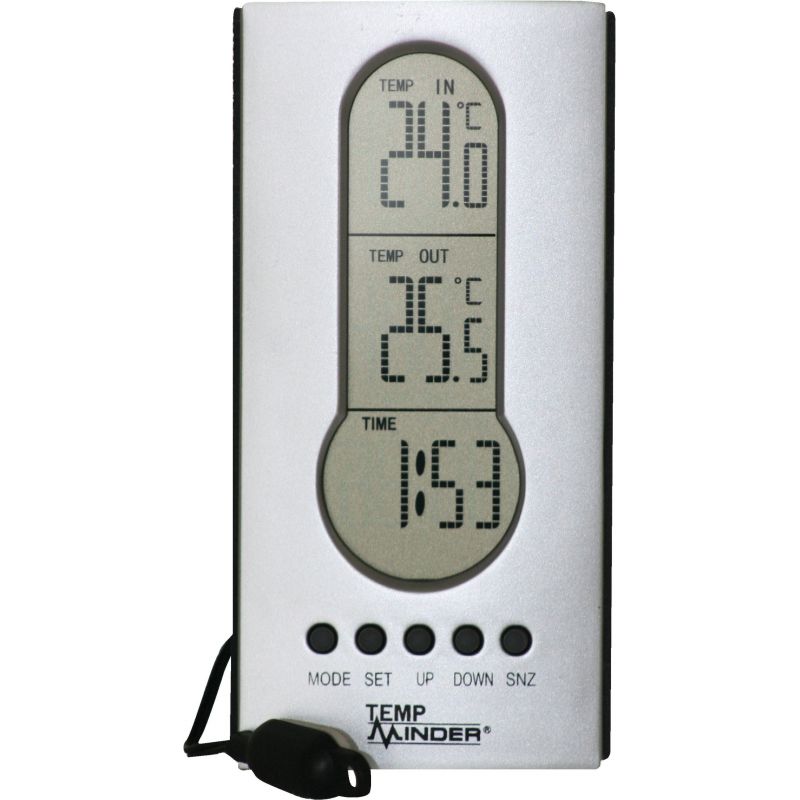 Temp Minder Wired Indoor and Outdoor Thermometer with Clock Silver/Black