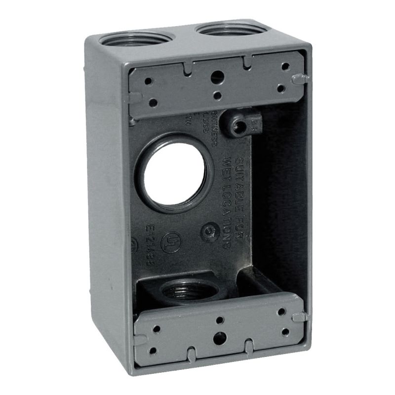 Teddico/Bwf 1504-1 Outlet Box, 1-Gang, 4-Knockout, 4-1/2 in, Metal, Gray, Powder-Coated Gray