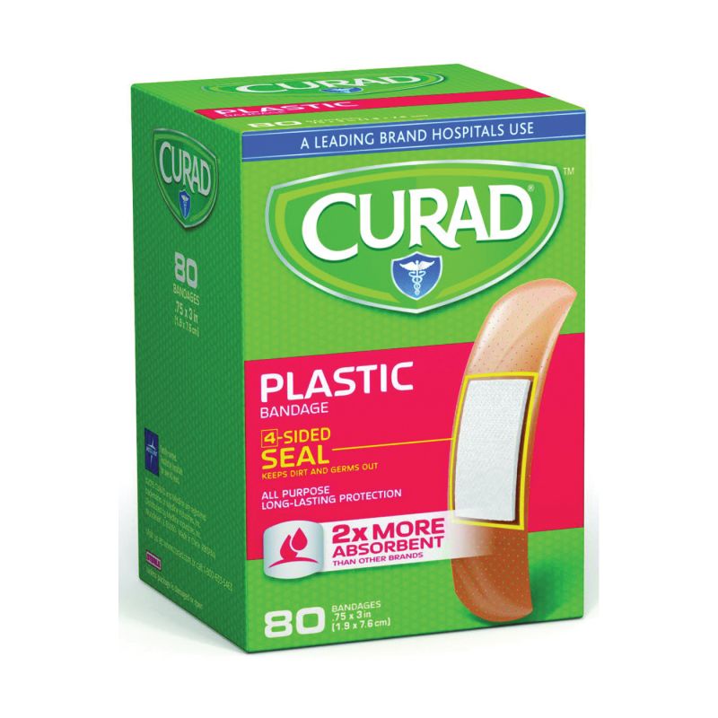 Curad CUR02278RB Adhesive Bandage, 3/4 in W, 3 in L, Plastic Bandage, 24/CS Tan
