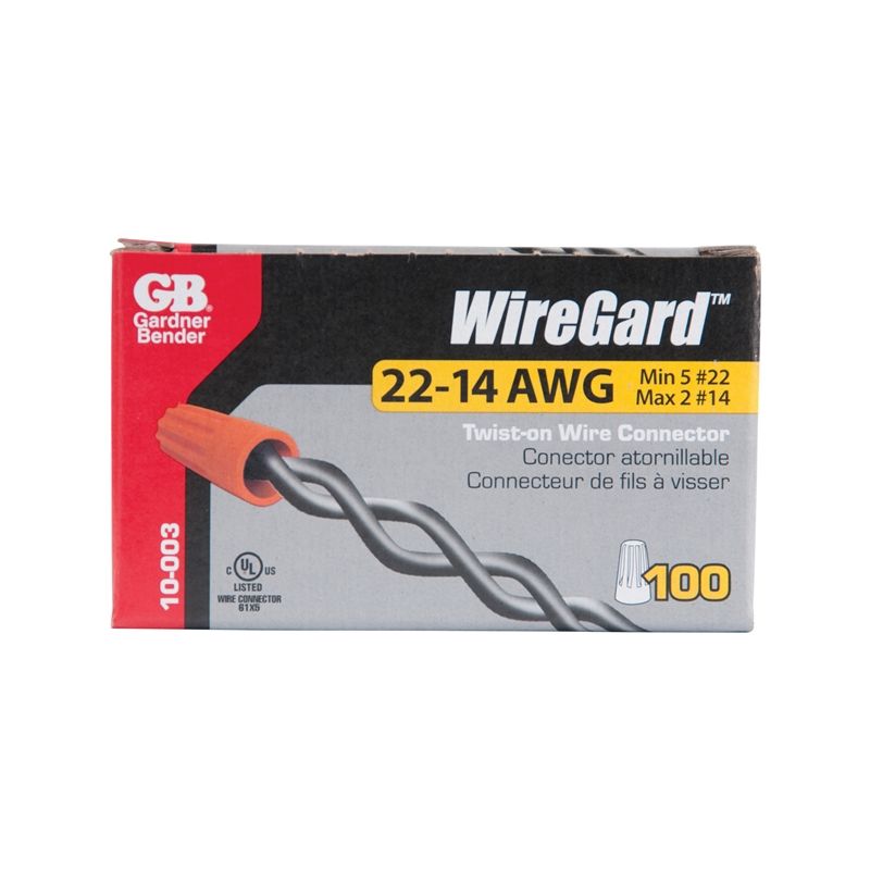 Gardner Bender WireGard GB-3 10-003 Wire Connector, 22 to 14 AWG Wire, Steel Contact, Polypropylene Housing Material, Orange Orange