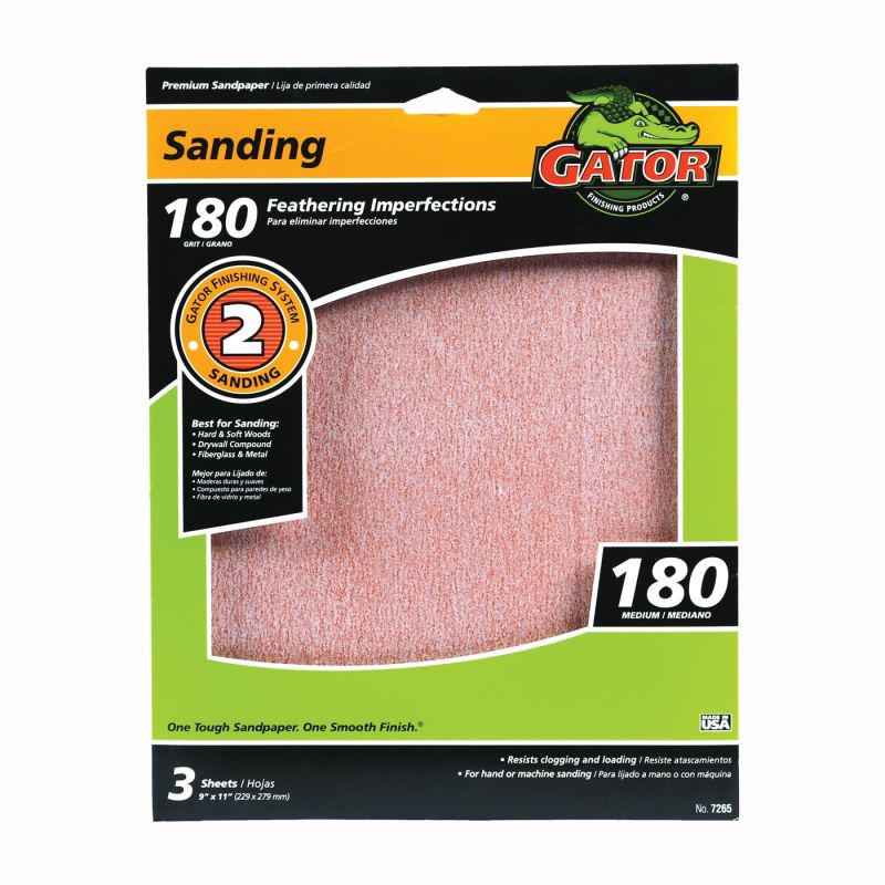 Gator 7265 Sanding Sheet, 11 in L, 9 in W, Extra Fine, 180 Grit, Aluminum Oxide Abrasive, Paper Backing