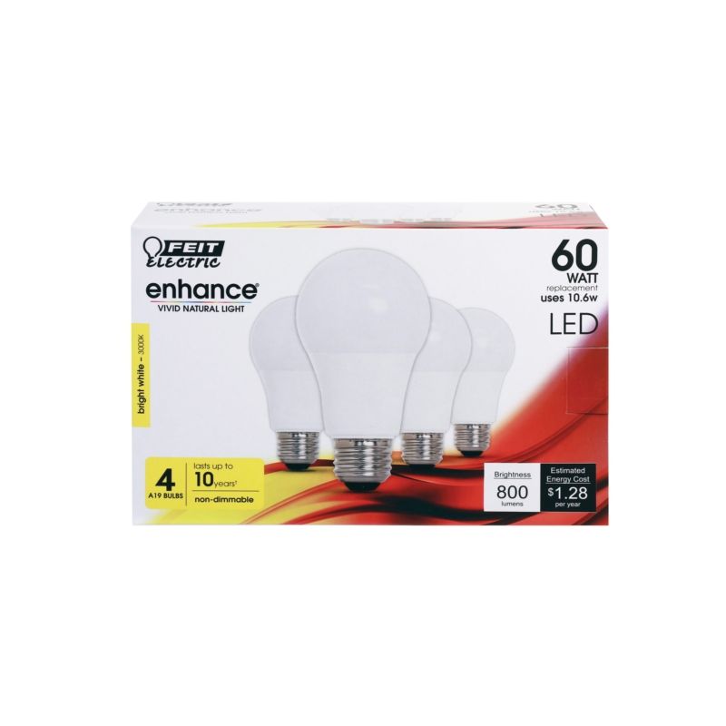 Feit Electric OM60/930CA10K/4 LED Bulb, General Purpose, A19 Lamp, 60 W Equivalent, E26 Lamp Base, Bright White Light