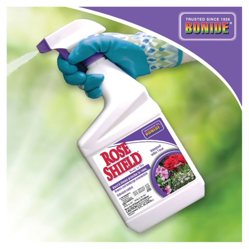 Bonide Rose Shield 982 Insecticide, Liquid, Spray Application, 1 qt Bottle Clear Yellow