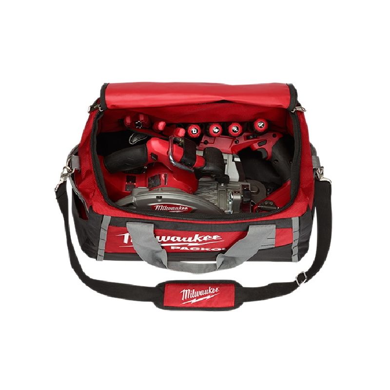 Milwaukee 48-22-8322 Tool Bag, 12.2 in W, 20 in D, 13.8 in H, 8-Pocket, Polyester, Black/Red Black/Red
