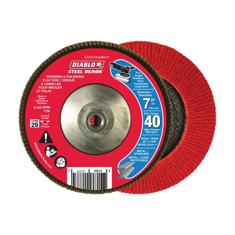 Diablo CDX070040B01F Flap Disc, 7 in Dia, 5/8 in Arbor, 40 Grit, Zirconium Abrasive