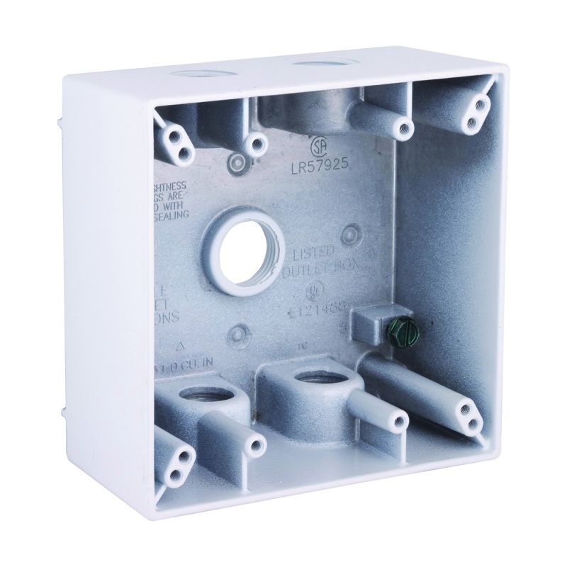 Hubbell 5337-1 Weatherproof Box, 5-Outlet, 2-Gang, Aluminum, White, Powder-Coated White