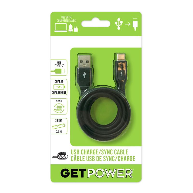GetPower GP-USB-USBC Charge and Sync Cable, USB-A, USB-C, 3 ft L