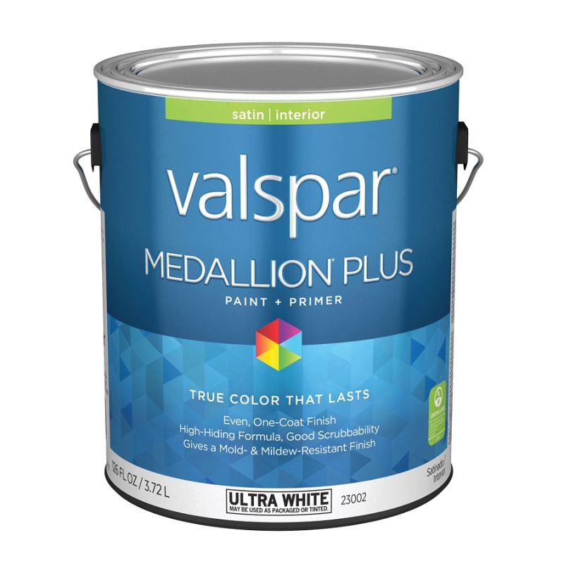Valspar Medallion Plus 2300 07 Latex Paint, Acrylic Base, Satin Sheen, Ultra White Base, 1 gal, Can Ultra White Base