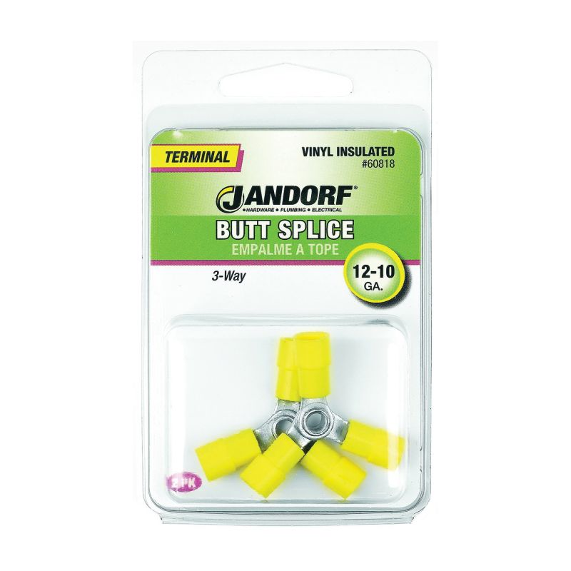 Jandorf 60818 Butt Splice Connector, 12 to 10 AWG Wire, Vinyl Insulation, Copper Contact, Yellow Yellow