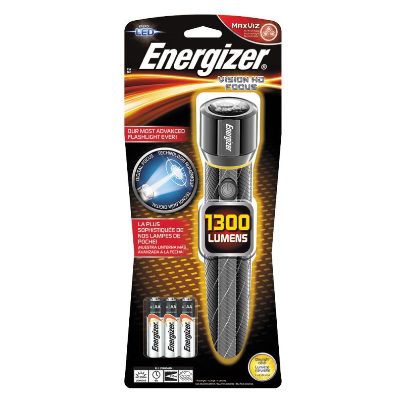 Energizer EPMZH61E Flashlight, AA Battery, LED Lamp, 1300 Lumens, 230 m High, 100 m Low Beam Distance, 4 hr Run Time Silver