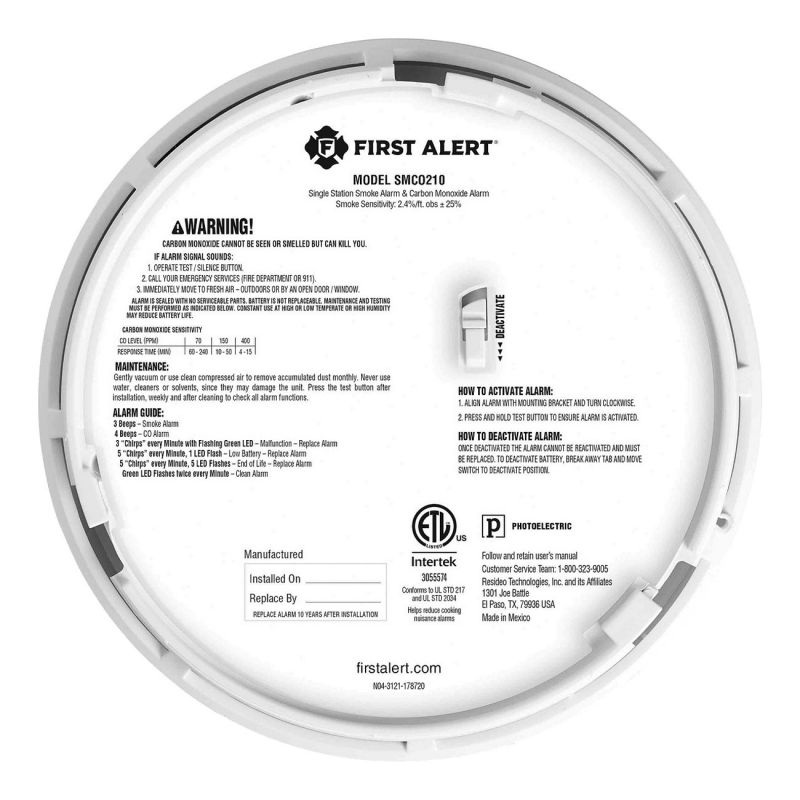 First Alert 1046796 Smoke and Carbon Monoxide Alarm with Slim Profile Design, Electrochemical, Photoelectric Sensor White